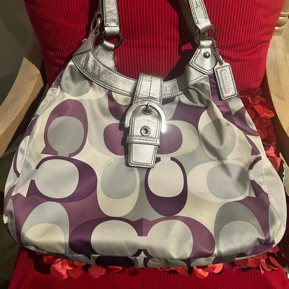 Coach Purple and Silver Hobo Bag with matching wallet with Metallic Accents